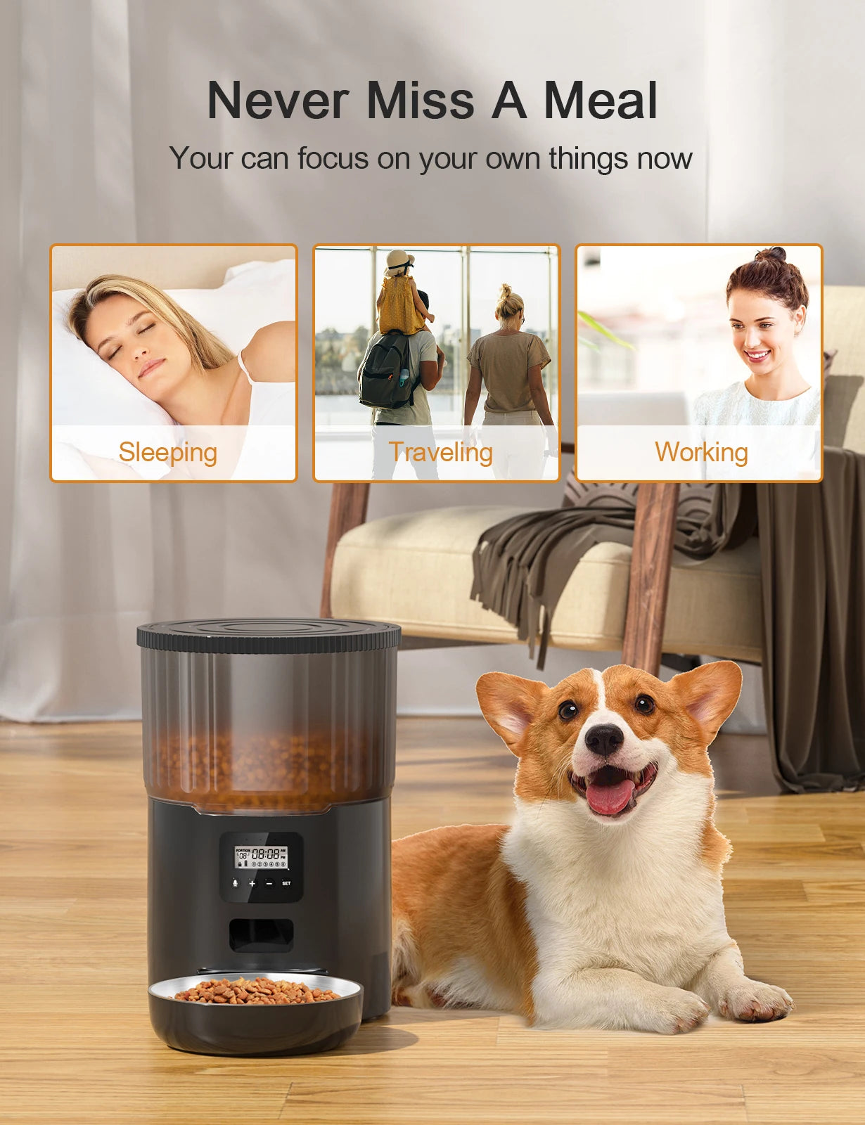 Smart Automatic Pet Feeder – Programmable Food Dispenser with Voice Recording & Remote Control for Cats & Dogs