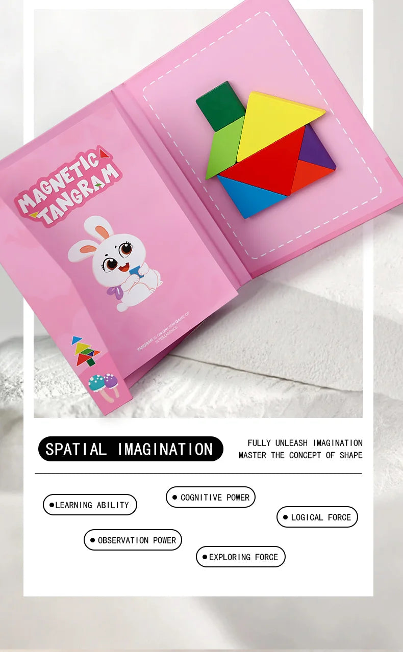 Magnetic Wooden Tangram Puzzle Book – 3D Montessori Educational Toy for Kids | STEM Learning & Intelligence Game