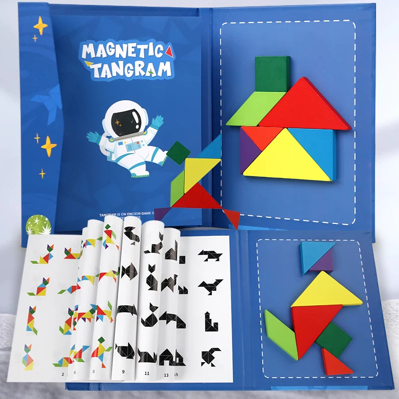 Magnetic Wooden Tangram Puzzle Book – 3D Montessori Educational Toy for Kids | STEM Learning & Intelligence Game
