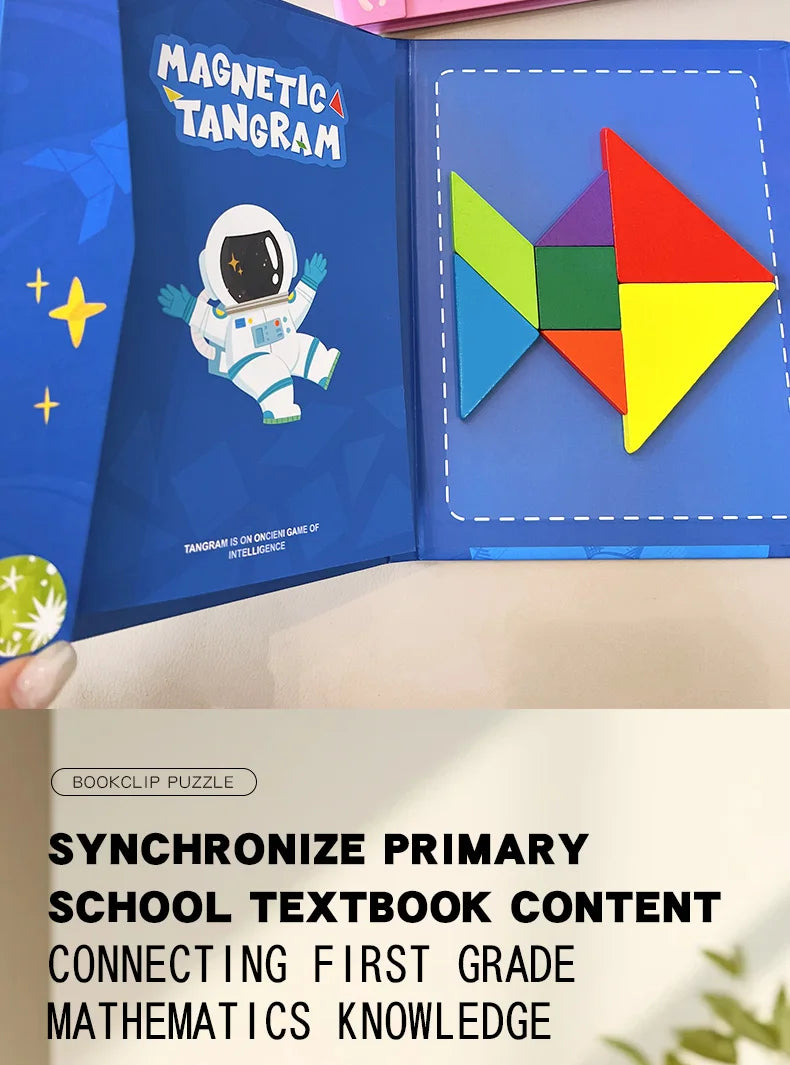 Magnetic Wooden Tangram Puzzle Book – 3D Montessori Educational Toy for Kids | STEM Learning & Intelligence Game