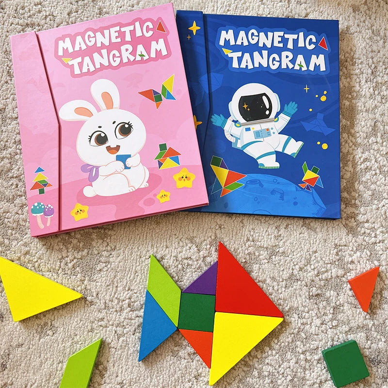 Magnetic Wooden Tangram Puzzle Book – 3D Montessori Educational Toy for Kids | STEM Learning & Intelligence Game