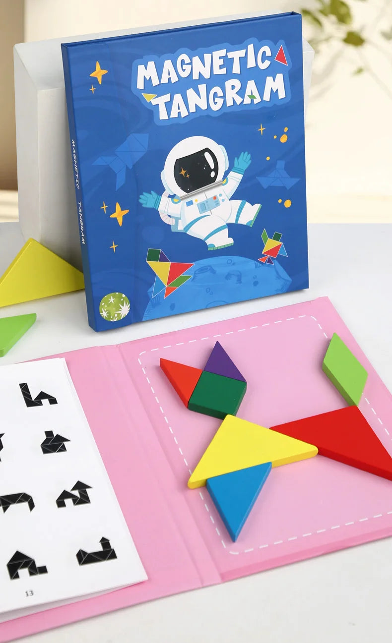 Magnetic Wooden Tangram Puzzle Book – 3D Montessori Educational Toy for Kids | STEM Learning & Intelligence Game