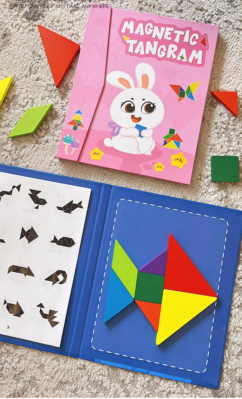 Magnetic Wooden Tangram Puzzle Book – 3D Montessori Educational Toy for Kids | STEM Learning & Intelligence Game
