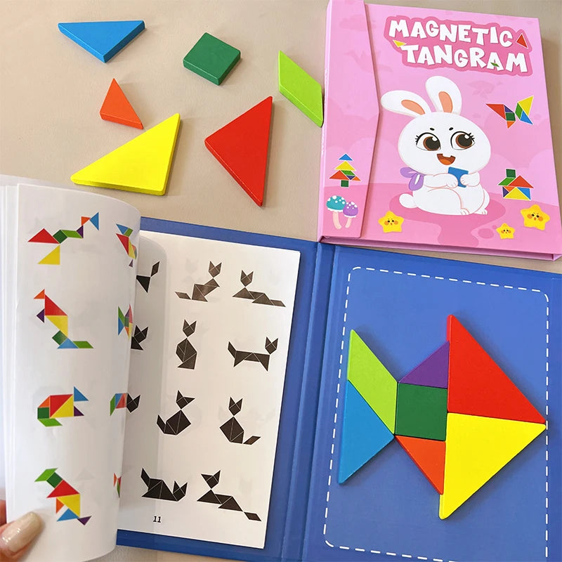 Magnetic Wooden Tangram Puzzle Book – 3D Montessori Educational Toy for Kids | STEM Learning & Intelligence Game