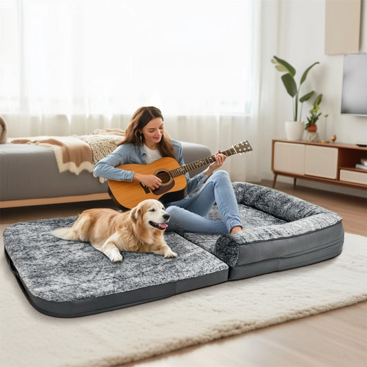 Adult laying in oversized human dog bed in living room

Grey 180cm human-sized dog bed with plush cushion

