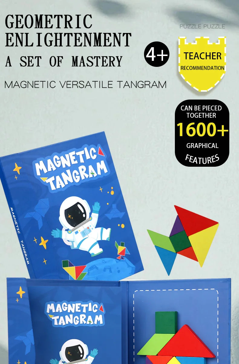 Magnetic Wooden Tangram Puzzle Book – 3D Montessori Educational Toy for Kids | STEM Learning & Intelligence Game