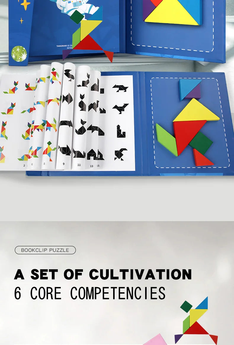 Magnetic Wooden Tangram Puzzle Book – 3D Montessori Educational Toy for Kids | STEM Learning & Intelligence Game